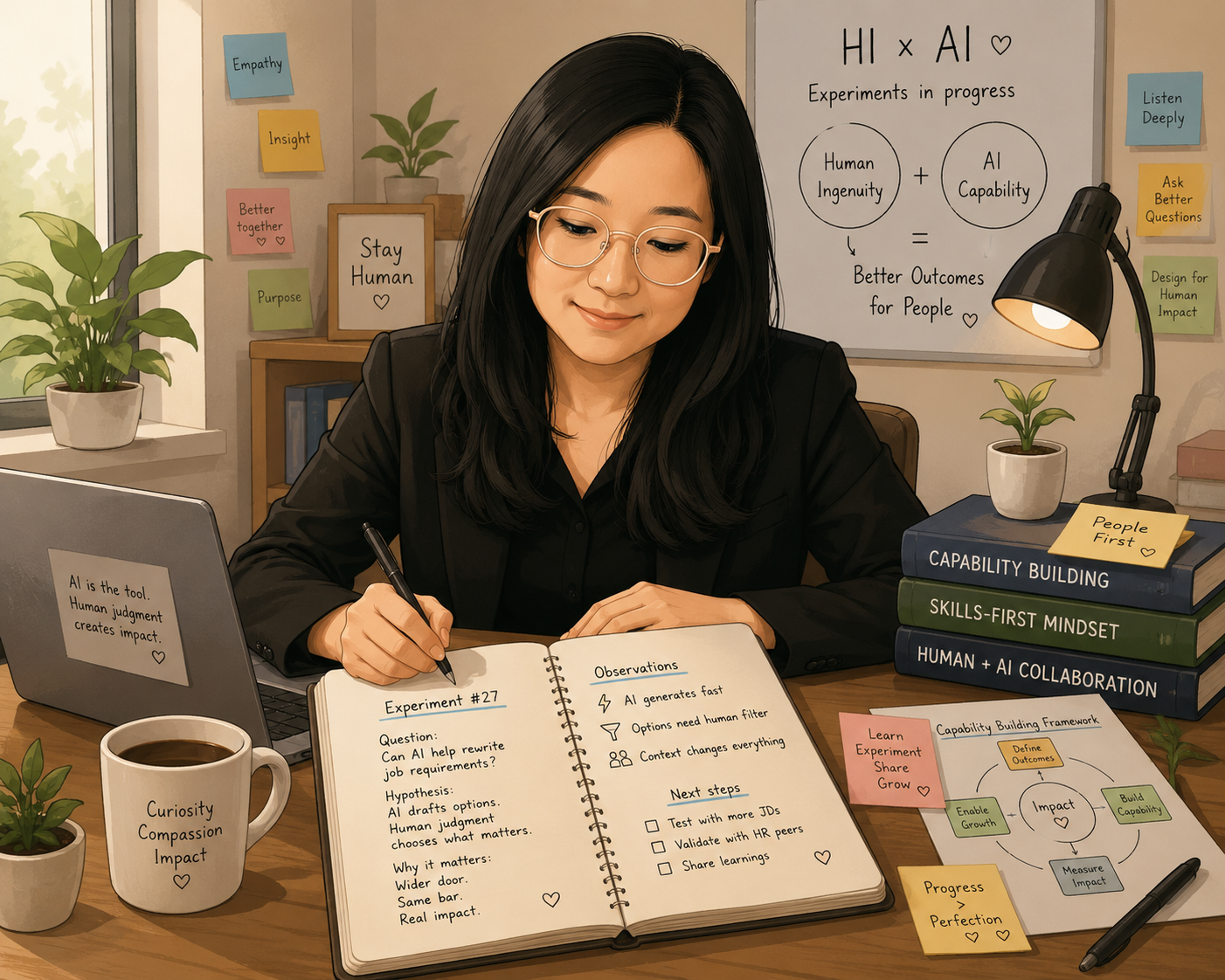 Illustration of Tong at her desk experimenting with AI, with 'Stay Human' and 'HI x AI experiments' notes around her